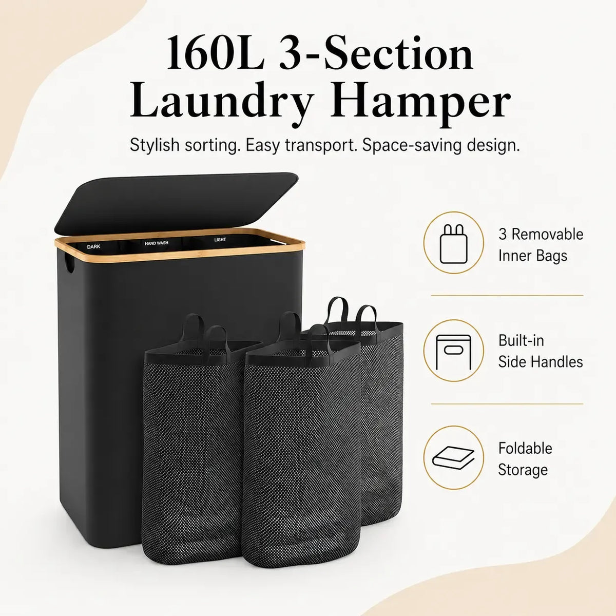 UFORU 160L 3-Section Laundry Basket