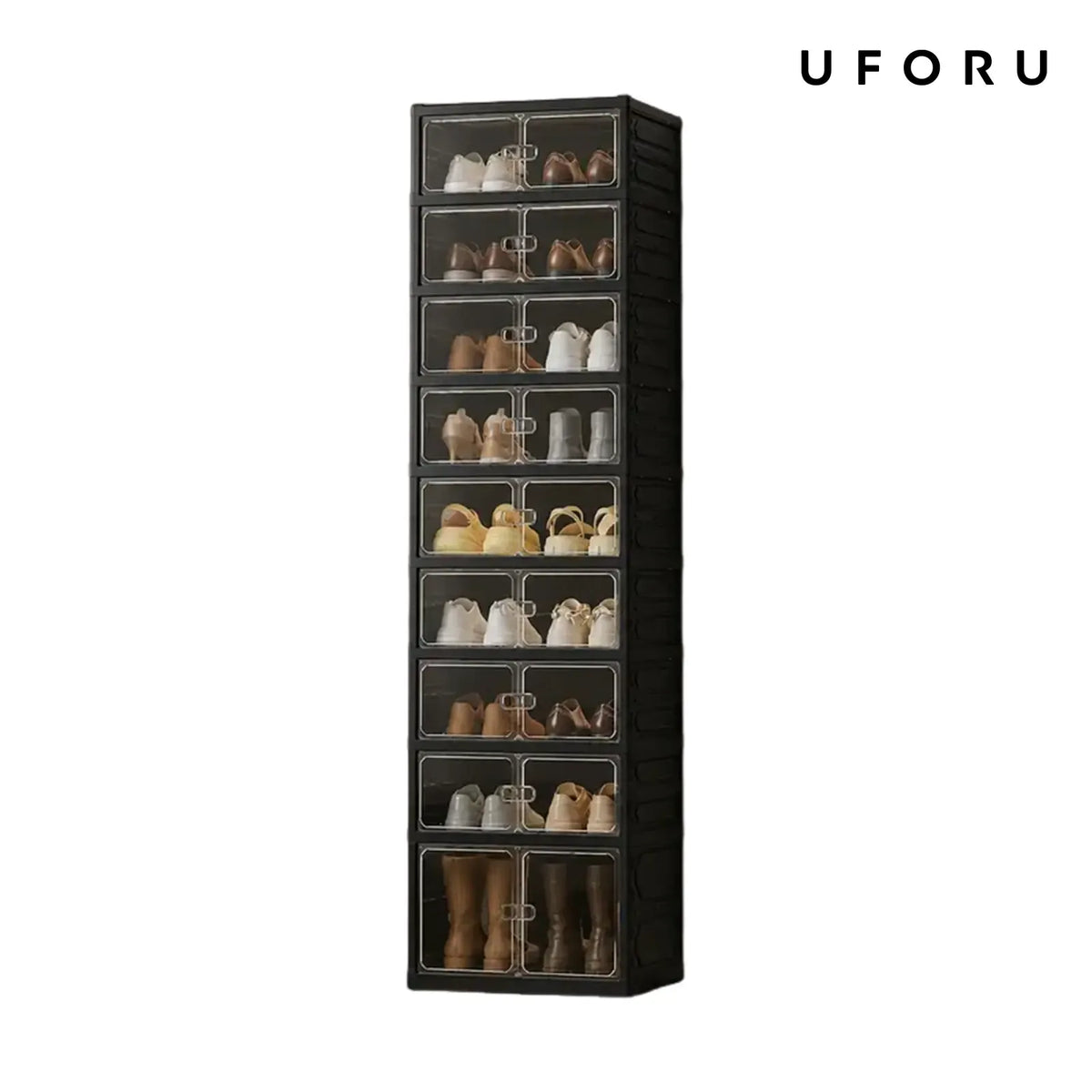 UFORU 9-Layer Folding Shoe Rack – Magnetic Transparent Door, Stores 18 Pairs