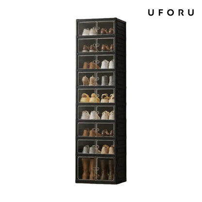 UFORU 9-Layer Folding Shoe Rack – Magnetic Transparent Door, Stores 18 Pairs