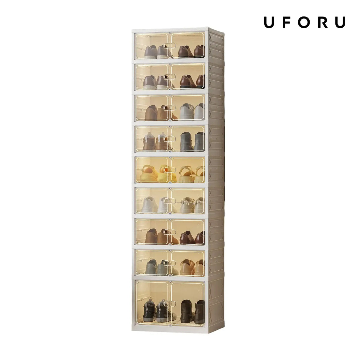UFORU 9-Layer Folding Shoe Rack – Magnetic Transparent Door, Stores 18 Pairs