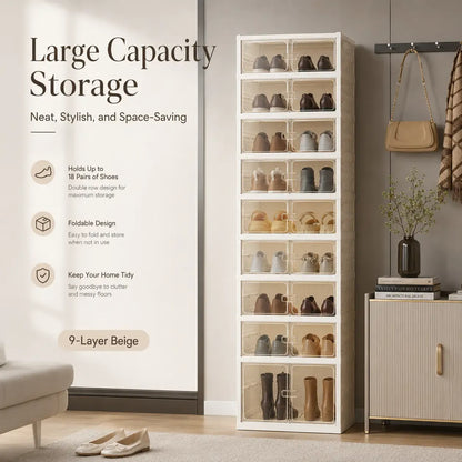 UFORU 9-Layer Folding Shoe Rack – Magnetic Transparent Door, Stores 18 Pairs