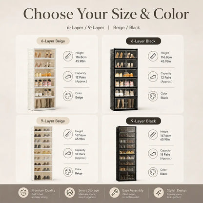 UFORU 9-Layer Folding Shoe Rack – Magnetic Transparent Door, Stores 18 Pairs