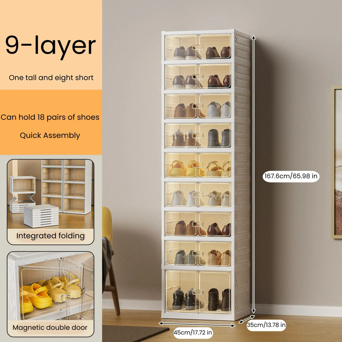 UFORU 9-Layer Folding Shoe Rack – Magnetic Transparent Door, Stores 18 Pairs