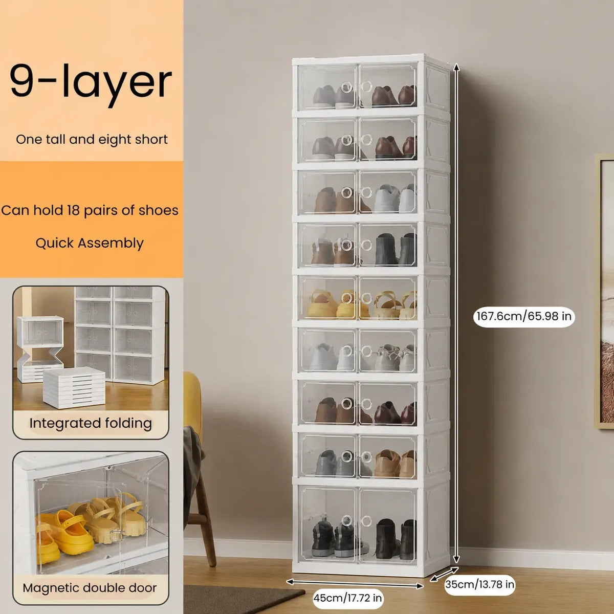UFORU 9-Layer Folding Shoe Rack – Magnetic Transparent Door, Stores 18 Pairs