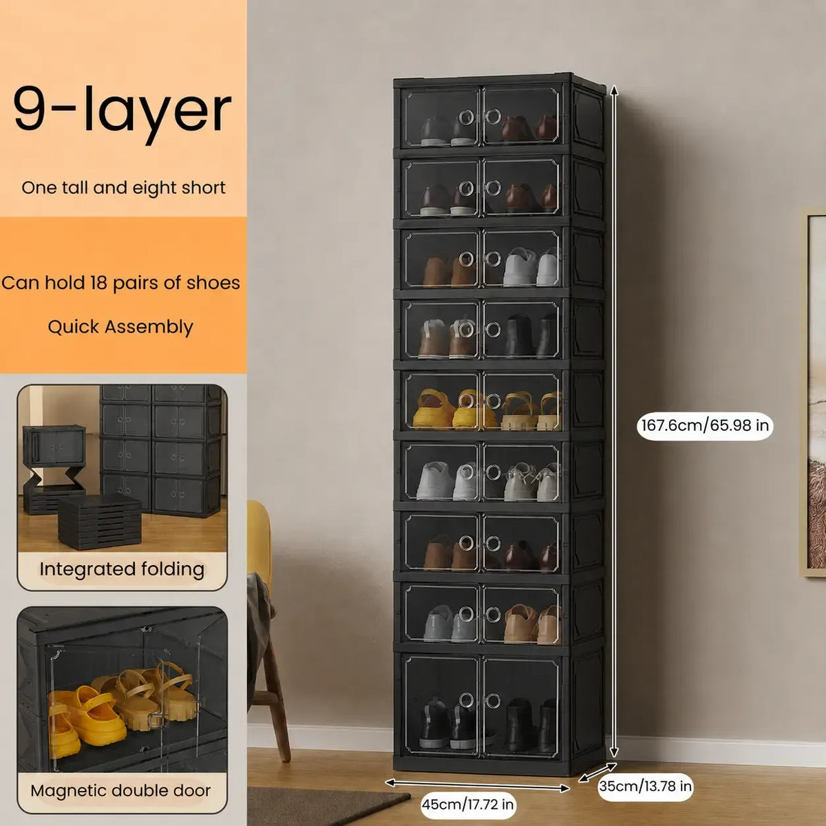 UFORU 9-Layer Folding Shoe Rack – Magnetic Transparent Door, Stores 18 Pairs