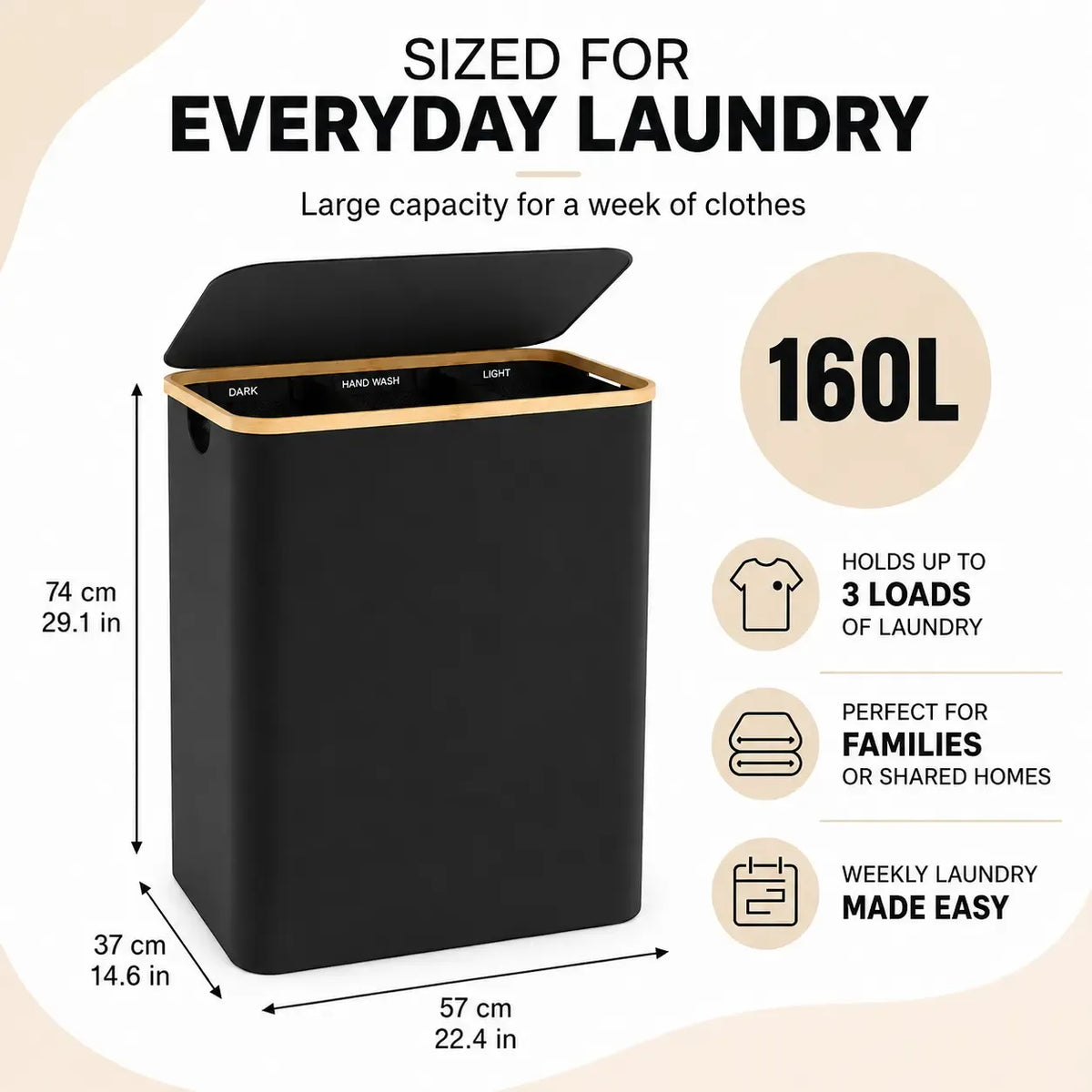 UFORU 160L 3-Section Laundry Basket